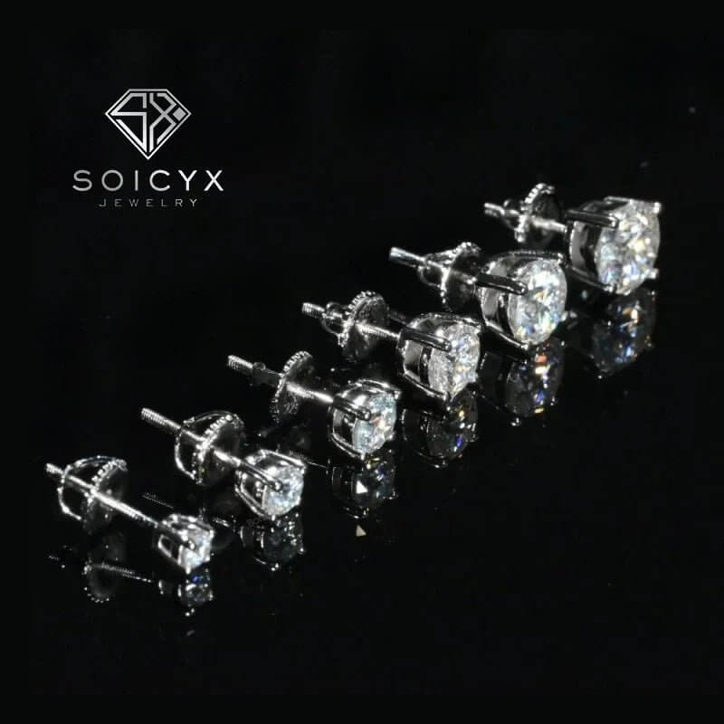 Luxurious moissanite stud earrings in classic four-claw settings showcasing brilliance and clarity.