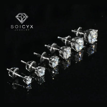 Luxurious moissanite stud earrings in classic four-claw settings showcasing brilliance and clarity.