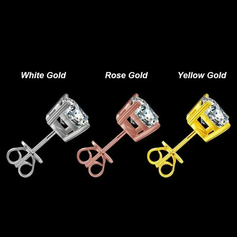 Three luxurious moissanite stud earrings in white, rose, and yellow gold settings showcasing diamond-like brilliance.