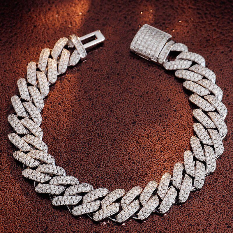 Luxury VVS1 Moissanite iced Cuban link bracelet with sparkling brilliance in 925 silver.