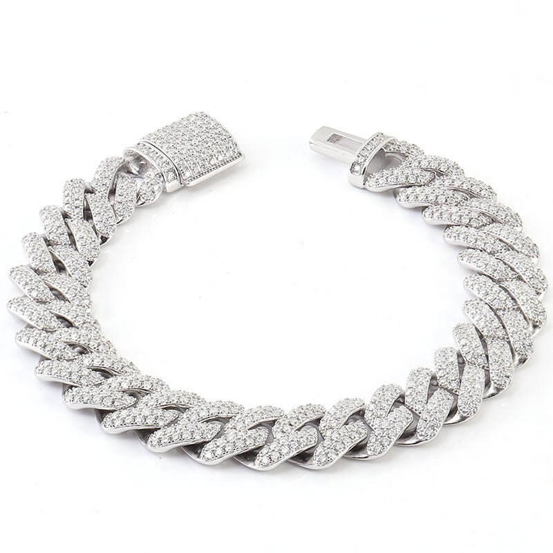 Luxury VVS1 Moissanite iced Cuban link bracelet in shiny silver, featuring diamond-like brilliance. Perfect for elegant jewelry collections.