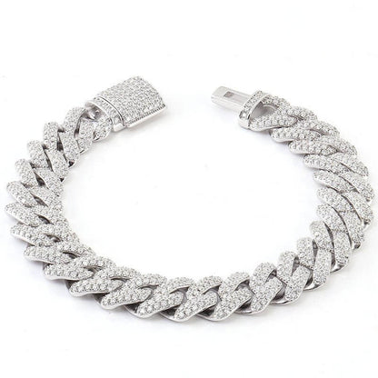 Luxury VVS1 Moissanite iced Cuban link bracelet in shiny silver, featuring diamond-like brilliance. Perfect for elegant jewelry collections.