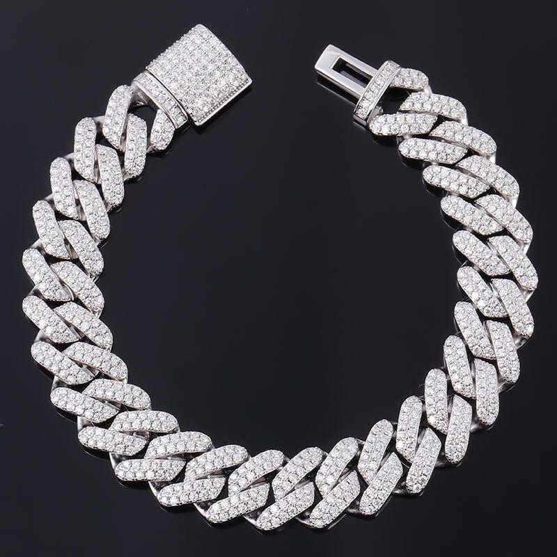 Luxury VVS1 Moissanite iced Cuban link bracelet in 925 silver, showcasing diamond-like brilliance and exquisite craftsmanship.